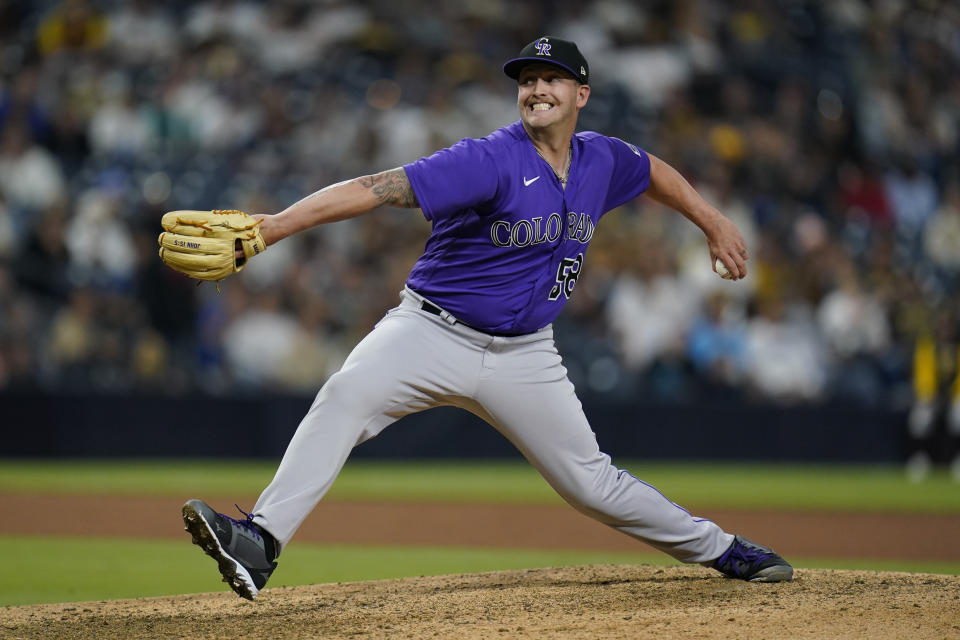 Colorado Rockies relief pitcher Lucas Gilbreath works against a San Diego Padres batter during the eighth inning of a baseball game Friday, June 10, 2022, in San Diego. (AP Photo/Gregory Bull)