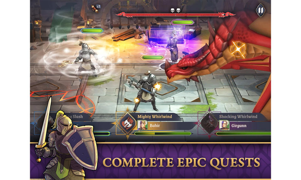 Play Store marketing slide for Bethesda’s mobile game ‘The Elder Scrolls: Castles.’ A screenshot shows an action scene where several players battle a giant red dragon. A banner at the bottom (featuring a fearsome knight) reads, 