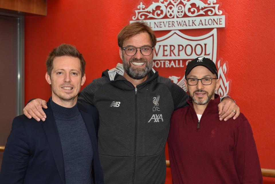 Michael Edwards with Jurgen Klopp and Mike Gordon after the German’s contract extension in 2019 (Getty)