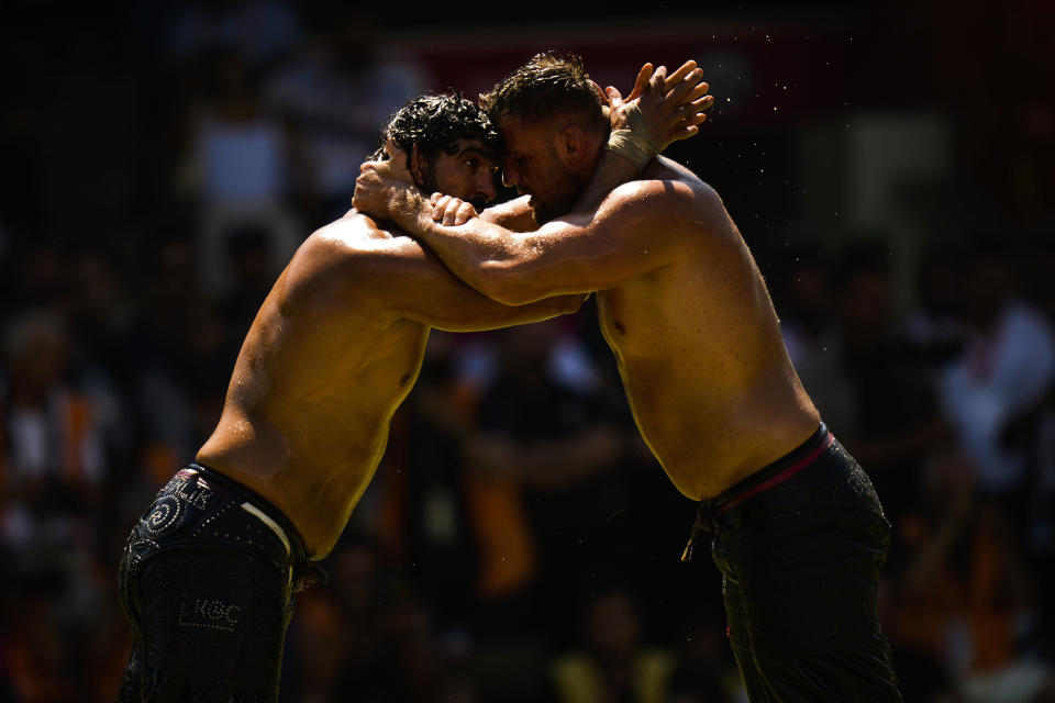 Wrestlers compete during the 661st annual Historic Kirkpinar Oil Wrestling championship, in Edirne, northwestern Turkey, Saturday, July 2, 2022. The festival is part of UNESCO's List of Intangible Cultural Heritages. (AP Photo/Francisco Seco)