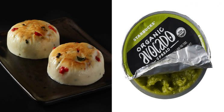 Starbucks sous vide egg bites (L) and avocado spread (via Starbucks)