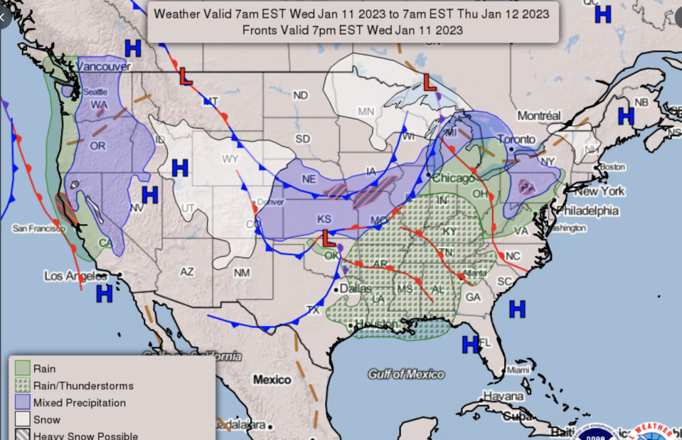 Weather systems impacting the US over the next 24 hours (NOAA/NWS)