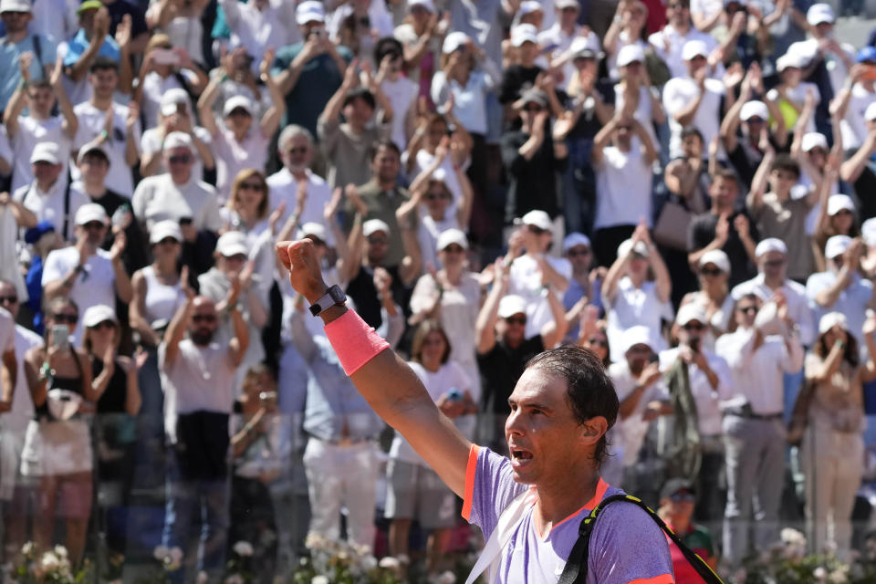 Rafael Nadal, of Spain, leaves after loosing his match against Hubert Hurkacz, of Poland, at the Italian Open tennis tournament in Rome, Saturday, May 11, 2024.(AP Photo/Gregorio Borgia)