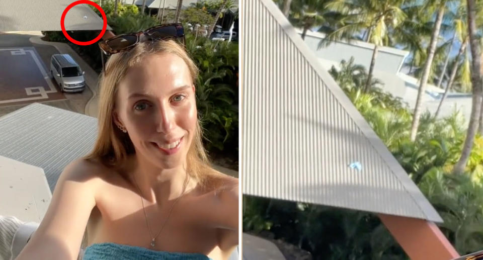 A photo of Ellie and her bikini bottoms of the hotel's roof. A close-up of the bikini bottoms.