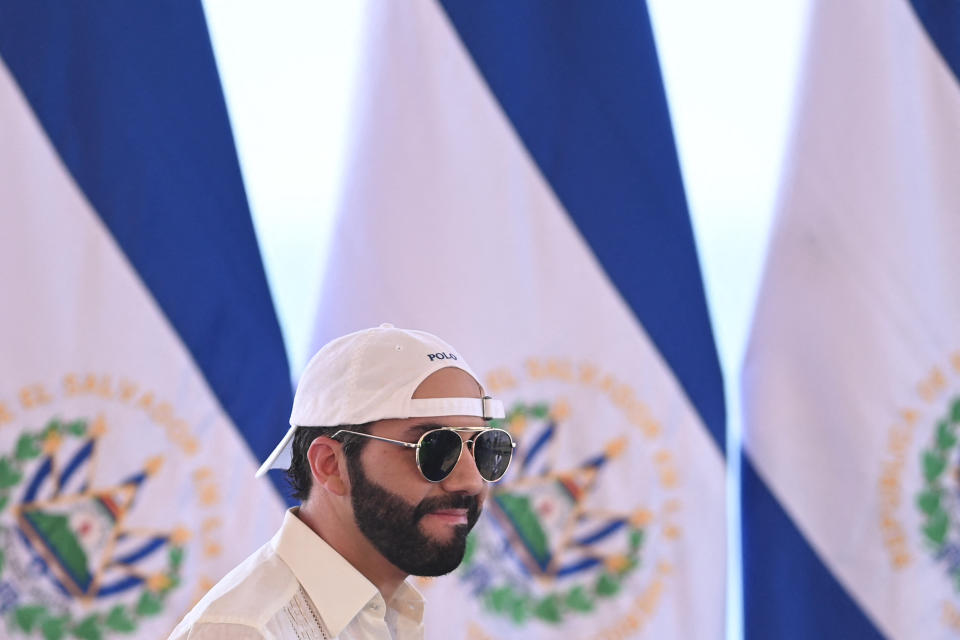 El Salvador's President Nayib Bukele is seen during the inauguration ceremony of El Salvador ISA World Surfing Games 2021, in El Sunzal, El Salvador on May 29, 2021. (Photo by Marvin Recinos / AFP) (Photo by MARVIN RECINOS/AFP via Getty Images)