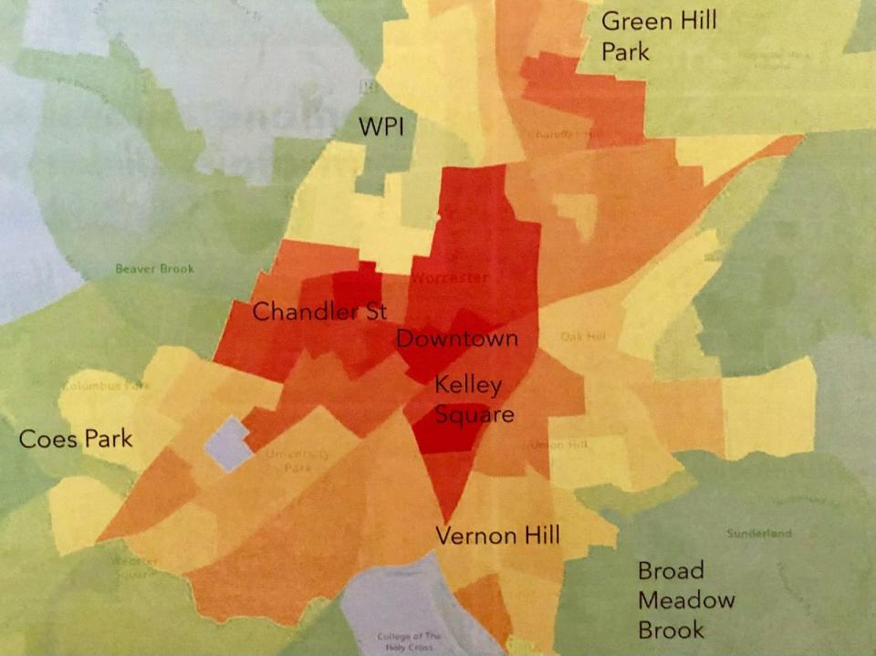 A heat map from researchers at Worcester Polytechnic Institute shows which neighborhoods in the city are hotter than others.