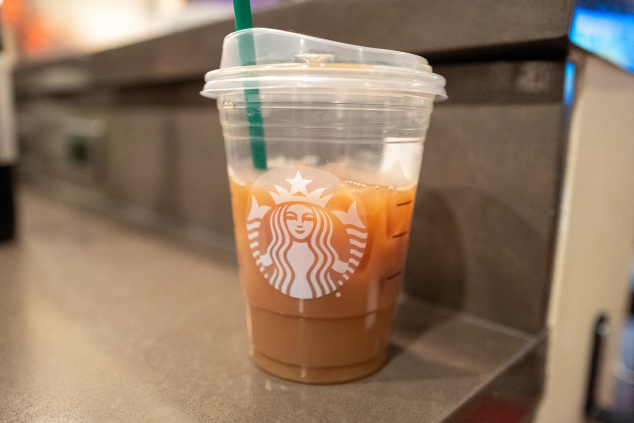 Close-up of a Starbucks iced coffee drink with logo visible on a counter, Truckee, California, February 16, 2024. (Smith Collection / Gado via Getty Images)