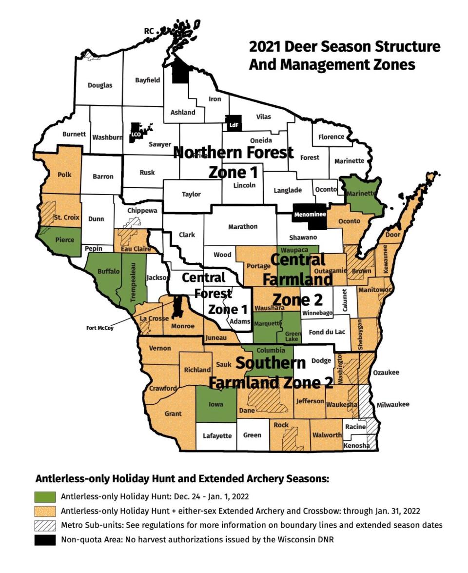 Deer season structure and management zone map for the 2021 Wisconsin hunting season.
