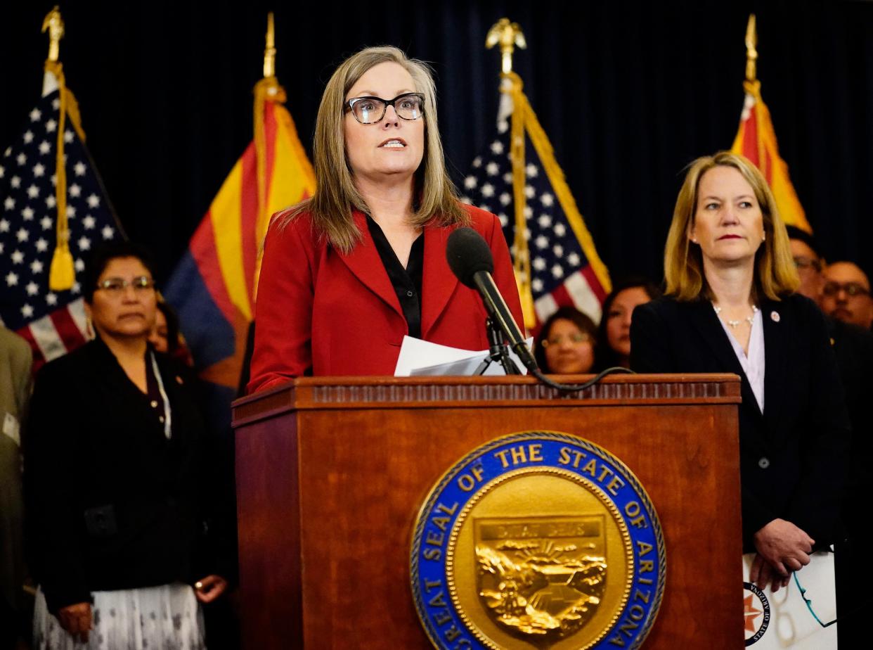 Gov. Katie Hobbs announces actions that Arizona is taking to stop fraud against the Medicaid system and exploitation of AHCCCS members during a news conference at the Arizona state Capitol in Phoenix on May 16, 2023.