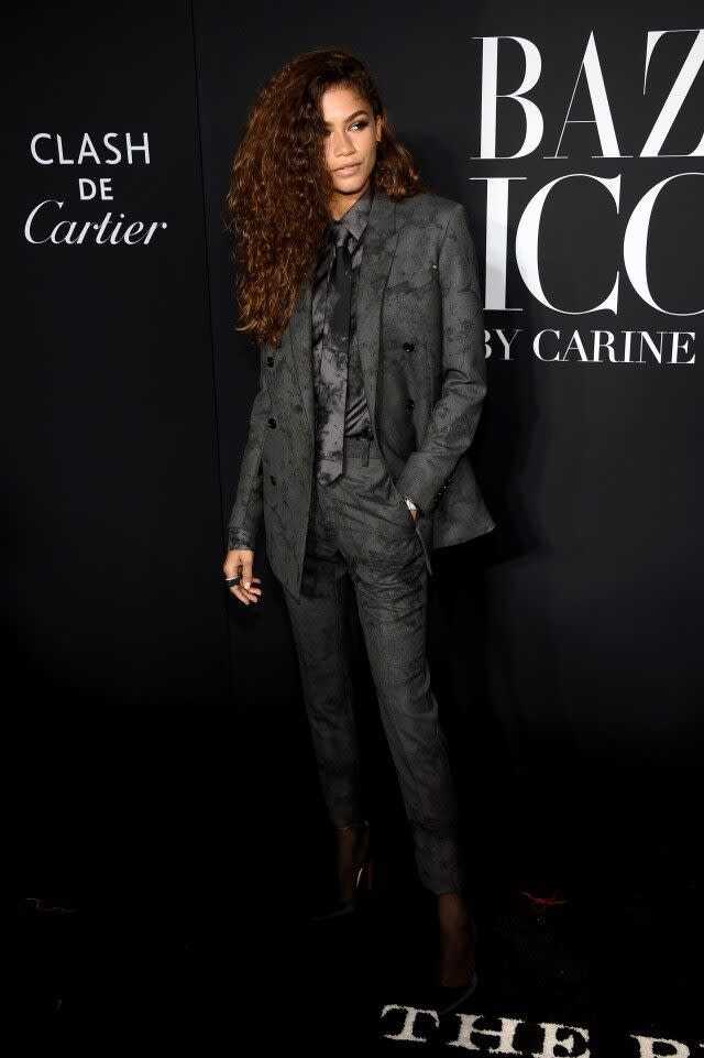 At a NYFW event, the 'Euphoria' actress rocked the same chic gray suit the 'Black Panther' actor wore back in February.