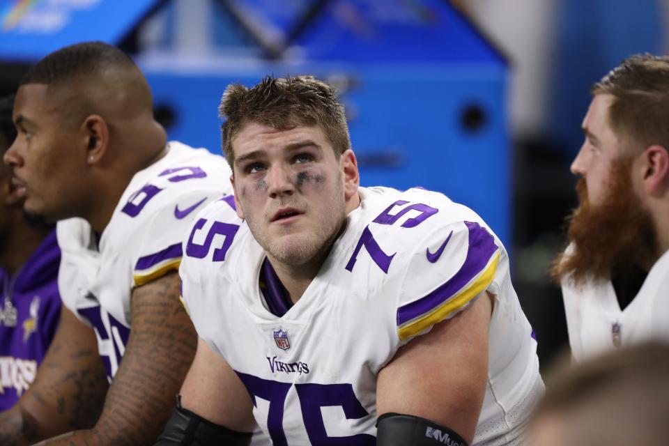Salesianum grad Brian O'Neill of the Minnesota Vikings looks on durning the game against the Detroit Lions at Ford Field on December 23, 2018 in Detroit.