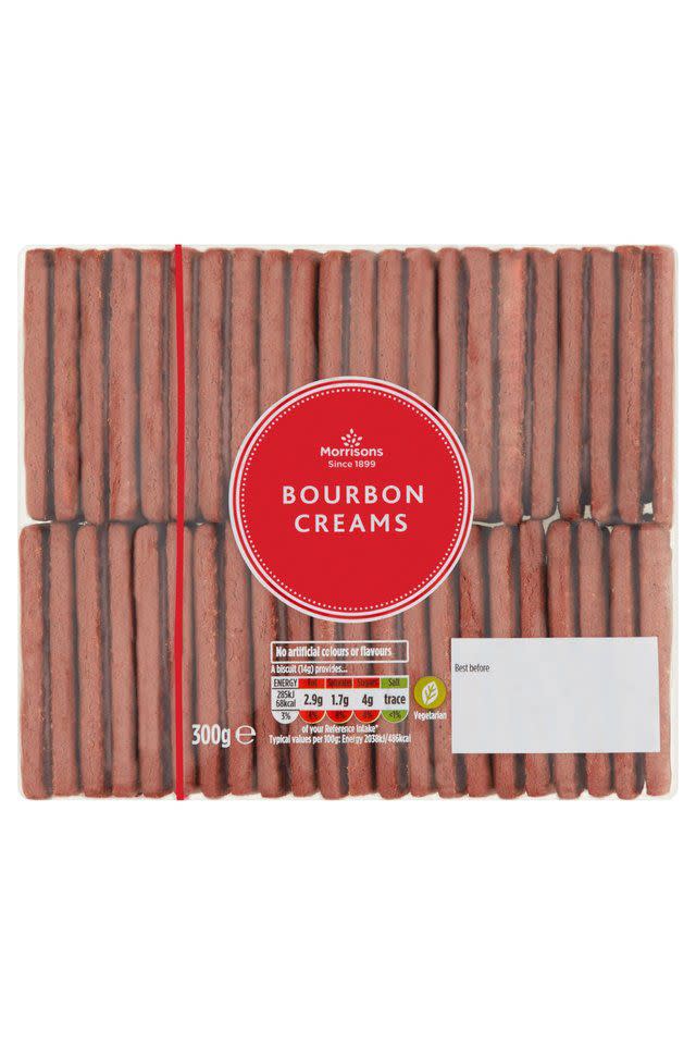 <p><strong>Overall Score: 76/100</strong><br></p><p>These bourbons are well-made, nicely filled with cream in the middle and with an attractive sprinkling of sugar on top. </p><p>There is a sweet and rich chocolate smell, yet it is mild. The rich chocolate flavour is balanced against the sweet and creamy icing layer. </p><p>Testers liked the firm, yet slightly crumbly texture of the biscuit.</p><p><strong><a class="link " href="https://go.redirectingat.com?id=127X1599956&url=https%3A%2F%2Fgroceries.morrisons.com%2Fproducts%2Fmorrisons-bourbon-creams-276526011&sref=https%3A%2F%2Fwww.goodhousekeeping.com%2Fuk%2Ffood%2Ffood-reviews%2Fg32995551%2Fbest-bourbon-biscuits%2F" rel="nofollow noopener" target="_blank" data-ylk="slk:BUY NOW;elm:context_link;itc:0;sec:content-canvas">BUY NOW</a> Morrison’s, £0.40 for 300g</strong></p>