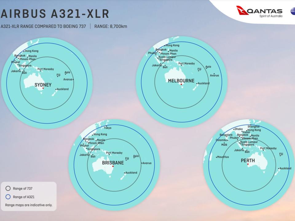 Qantas map showing four globes with XLR routes from Sydney, Brisbane, Melbourne, and Perth.