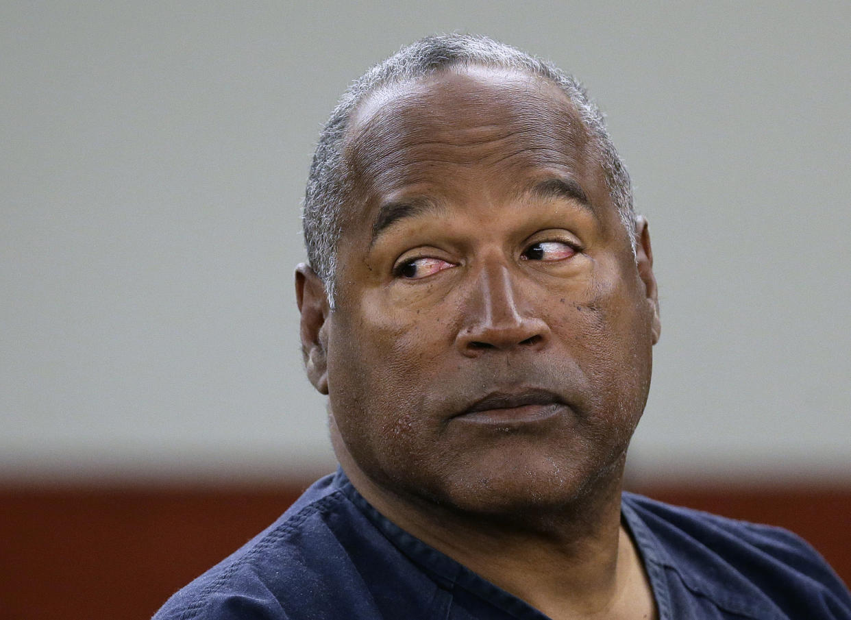 FILE - In this May 13, 2013, file photo, O.J. Simpson appears at an evidentiary hearing in Clark County District Court, in Las Vegas. Los Angeles police are investigating a knife purportedly found some time ago at the former home of Simpson, who was acquitted of murder charges in the 1994 stabbing deaths of his ex-wife Nicole Brown Simpson and her friend Ron Goldman. (AP Photo/Julie Jacobson, Pool, File)