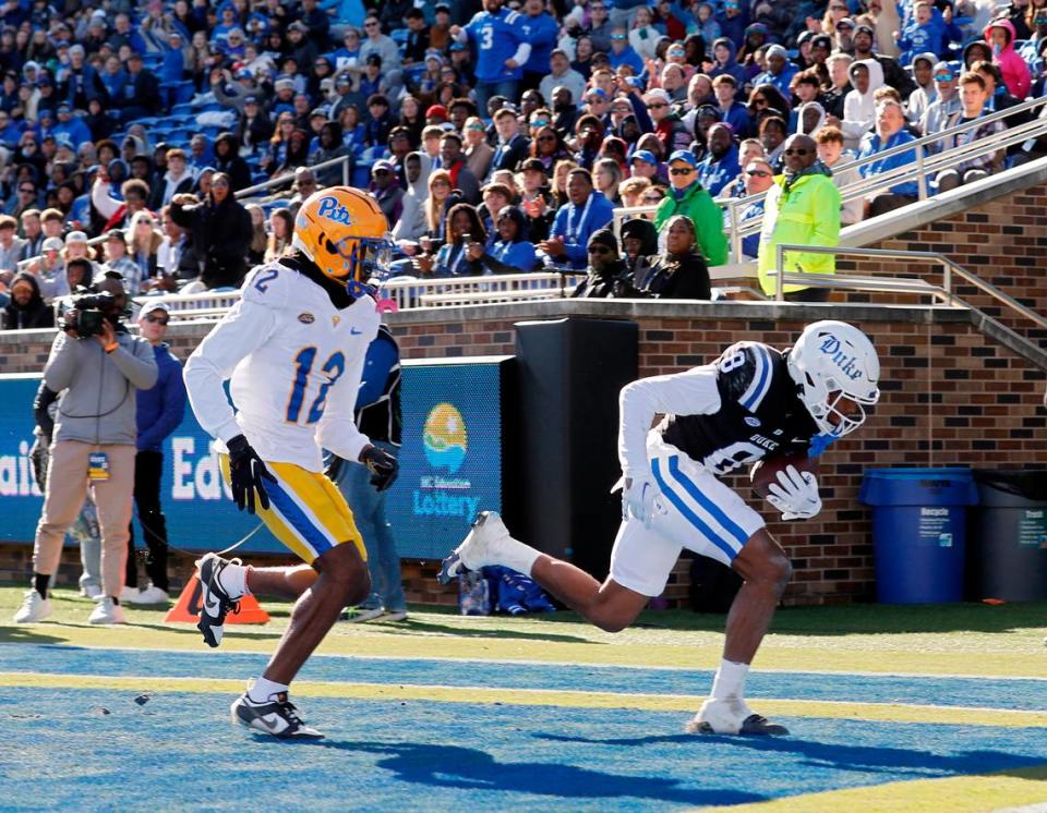 Duke’s Jordan Moore scores a touchdown during the first half of the Blue Devils’ game against Pittsburgh on Saturday, Nov. 25, 2023, at Wallace Wade Stadium in Durham, N.C.