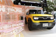 This photo released by Vinfast shows Vinfast electric car VF3 at an event in Ho Chi Minh City, Vietnam on Nov. 13, 2023. Vietnamese automaker VinFast just can’t sell enough cars, so it's hoping its tiniest and cheapest car yet — a roughly 10-foot-long mini-SUV priced at $9,200 and called the VF3 — will become Vietnam's “national car" and win over consumers in Asian markets. (Vinfast via AP)