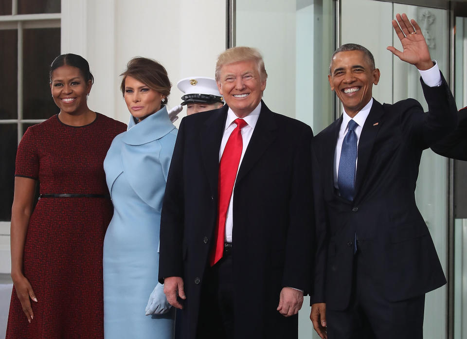 WASHINGTON, DC - JANUARY 20: President-elect Donald Trump (2ndR),and his wife Melania Trump (2ndL), are greeted by President Barack Obama and his wife first lady Michelle Obama, upon arriving at the White House on January 20, 2017 in Washington, DC. Later in the morning President-elect Trump will be sworn in as the nation's 45th president during an inaugural ceremony at the U.S. Capitol.