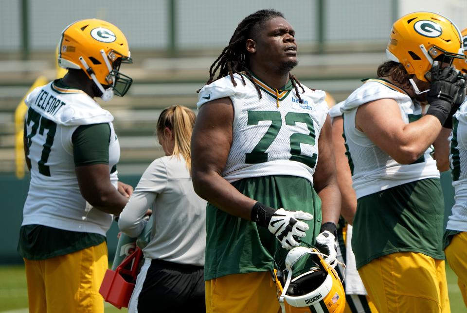 Green Bay Packers offensive tackle Caleb Jones (72) is shown during organized team activities Tuesday, May 23, 2023 in Green Bay, Wis.