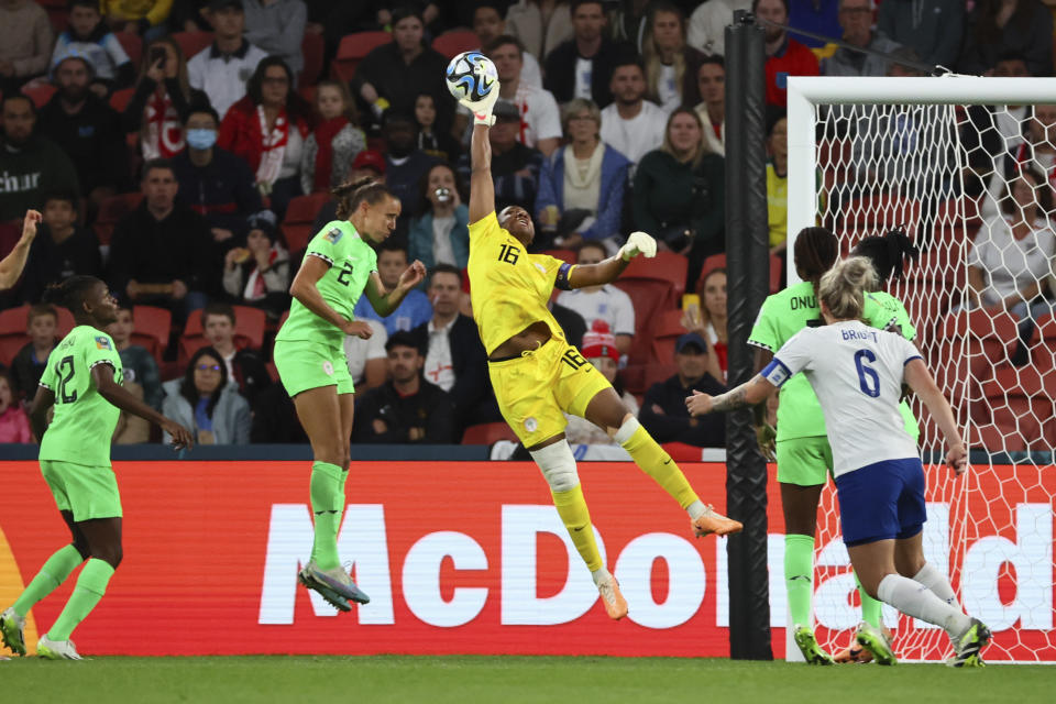 Nigeria's goalkeeper Chiamaka Nnadozie saves a ball during the Women's World Cup round of 16 soccer match between England and Nigeria in Brisbane, Australia, Monday, Aug. 7, 2023. (AP Photo/Tertius Pickard)