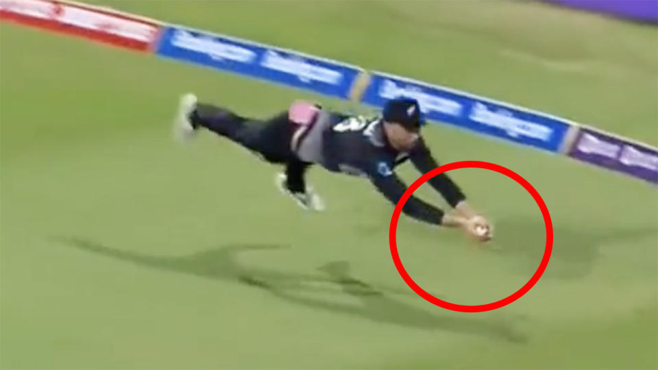 Devon Conway dives to take a spectacular catch for New Zealand against Pakistan at the T20 World Cup.