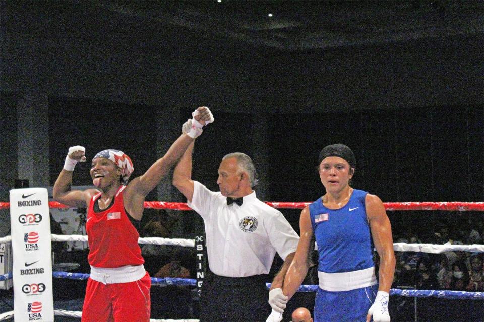 Team USA Morelle McCane celebrates as her hand is raised in victory over Team USA opponent Stephanie Simon during the USA Boxing International Invitational held at the Pueblo Convention Center at Sept. 15, 2022.