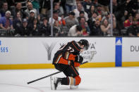Anaheim Ducks right wing Frank Vatrano celebrates after scoring against the Chicago Blackhawks during the third period of an NHL hockey game Thursday, March 21, 2024, in Anaheim, Calif. (AP Photo/Ryan Sun)