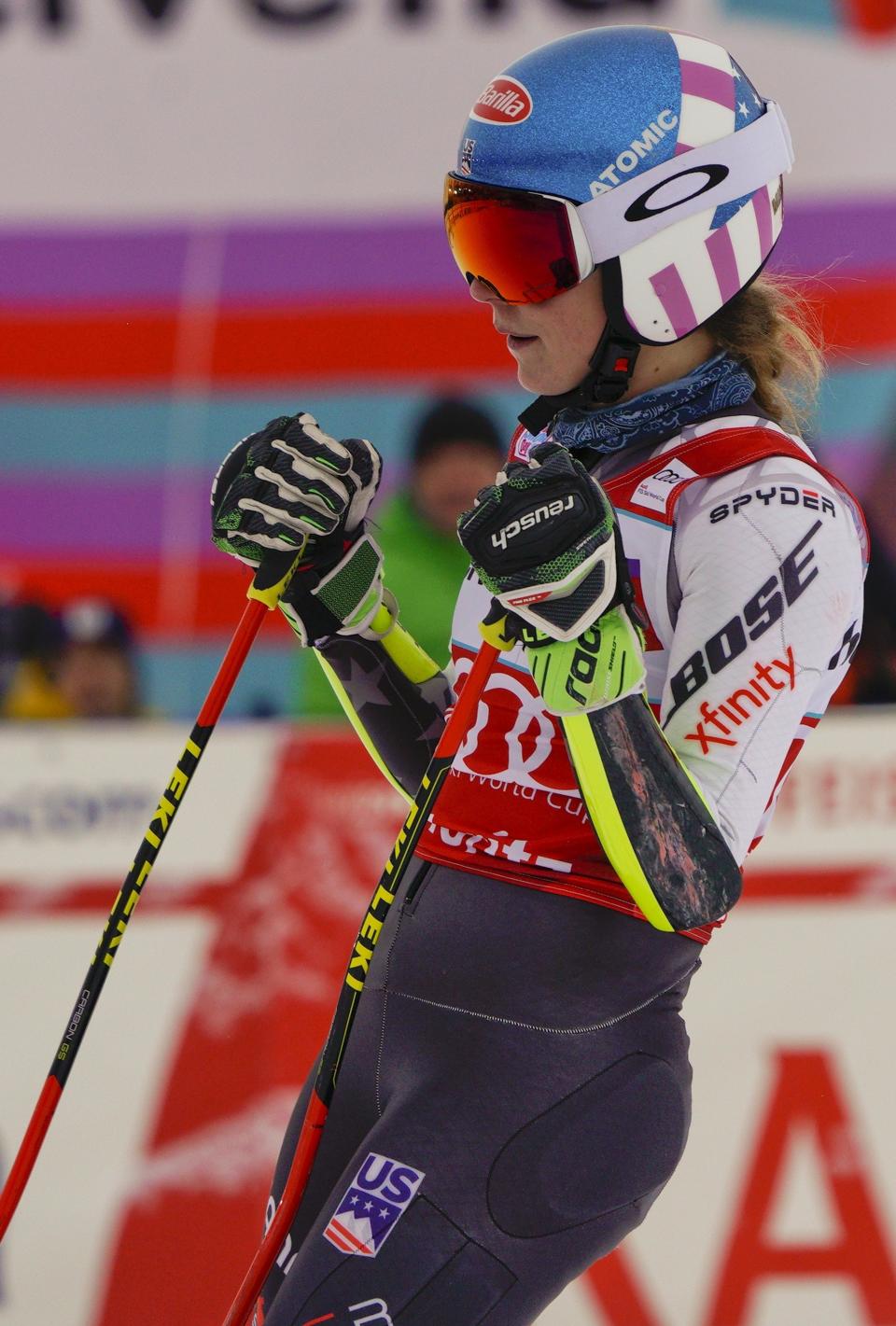 United States' Mikaela Shiffrin reacts after winning a women's World Cup parallel slalom, in St. Moritz, Switzerland, Sunday, Dec. 9, 2018. (AP Photo/Giovanni Auletta)