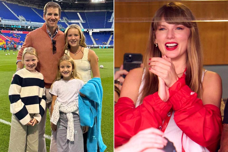 <p>Eli Manning/Instagram; Cooper Neill/Getty</p> Eli Manning and daughter (L), Taylor Swift (R)