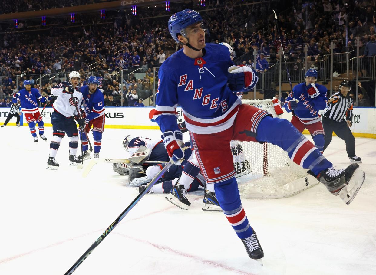 NEW YORK, NEW YORK - MARCH 28: Filip Chytil #72 of the New York Rangers celebrates his first period goal against the Columbus Blue Jackets at Madison Square Garden on March 28, 2023 in New York City. The Rangers defeated the Blue Jackets 6-2.