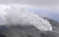 A smoke column rises from Shindake volcano after its eruption in Kuchinoerabu island, southern Japan, Thursday, Jan. 17, 2019. Japan Meteorological Agency said the eruption caused volcanic rocks flying out of the crater and pyroclastic flows pouring down but have not reached as far as the residential area 2 kilometers (1.2 mile) away. (Kyodo News via AP)