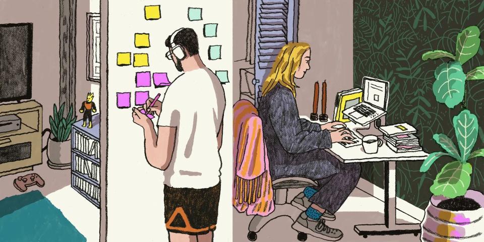 A man on the left writes ideas on post-it notes, while a woman on the right types on her computer.