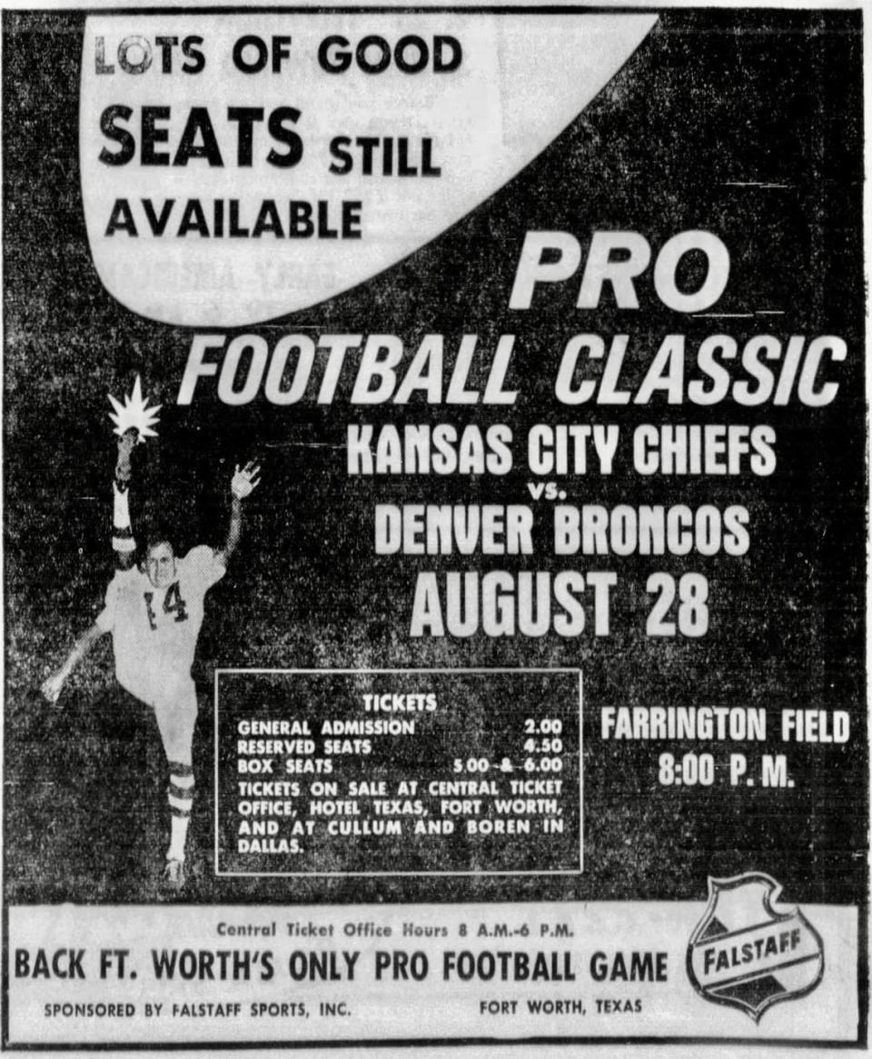 A Star-Telegram ad for the 1964 Kansas City Chiefs-Denver Broncos matchip promoted “Fort Worth’s only pro football game.”