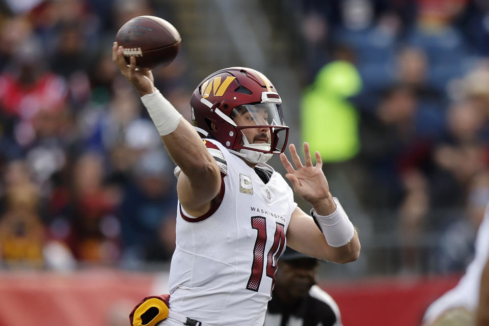 Washington Commanders quarterback Sam Howell passes in the first half on an NFL football game against the New England Patriots, Sunday, Nov. 5, 2023, in Foxborough, Mass. (AP Photo/Michael Dwyer)