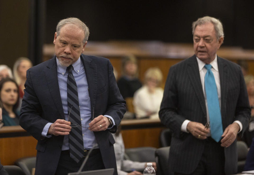 Prosecutor Creighton Waters, left, and defense attorney Dick Harpootlian stand during the Alex Murdaugh jury-tampering hearing at the Richland County Judicial Center, Monday, Jan. 29, 2024, in Columbia, S.C. (Andrew J. Whitaker/The Post And Courier via AP, Pool)