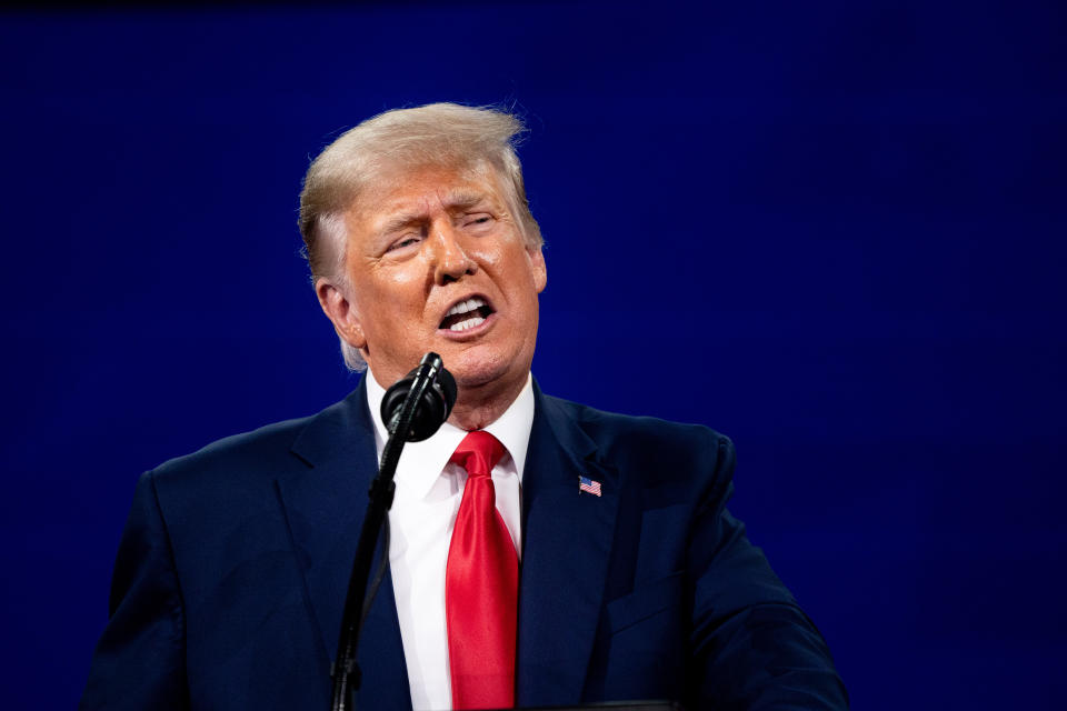 El expresidente Donald Trump habla en la Conferencia de Acción Política Conservadora en Orlando, Florida, el 28 de febrero de 2021. (Erin Schaff/The New York Times)
