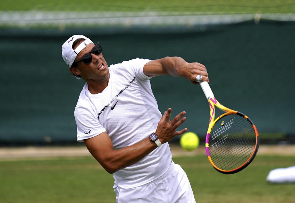 Rafael Nadal during a practice session ahead of the 2022 Wimbledon Championship at the All England Lawn Tennis and Croquet Club, Wimbledon, London, Saturday, June 25, 2022. (John Walton/PA via AP)