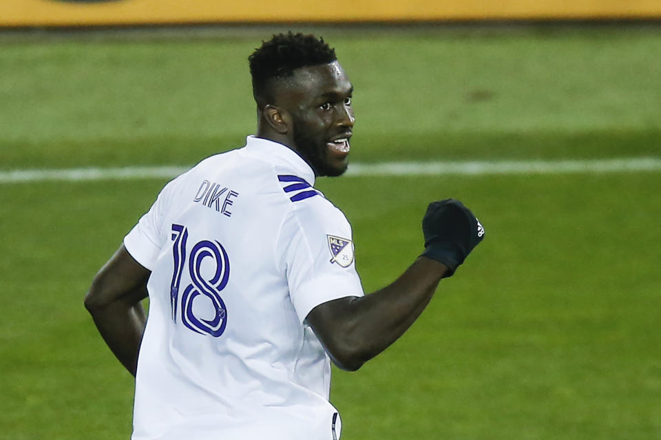 Orlando City attacker Daryl Dike, celebrates his goal against Montreal Impact during their MLS match, Sunday, Nov. 1, 2020, at Red BullArena in Harrison, NJ.Â (AP Photo/Eduardo Munoz Alvarez)