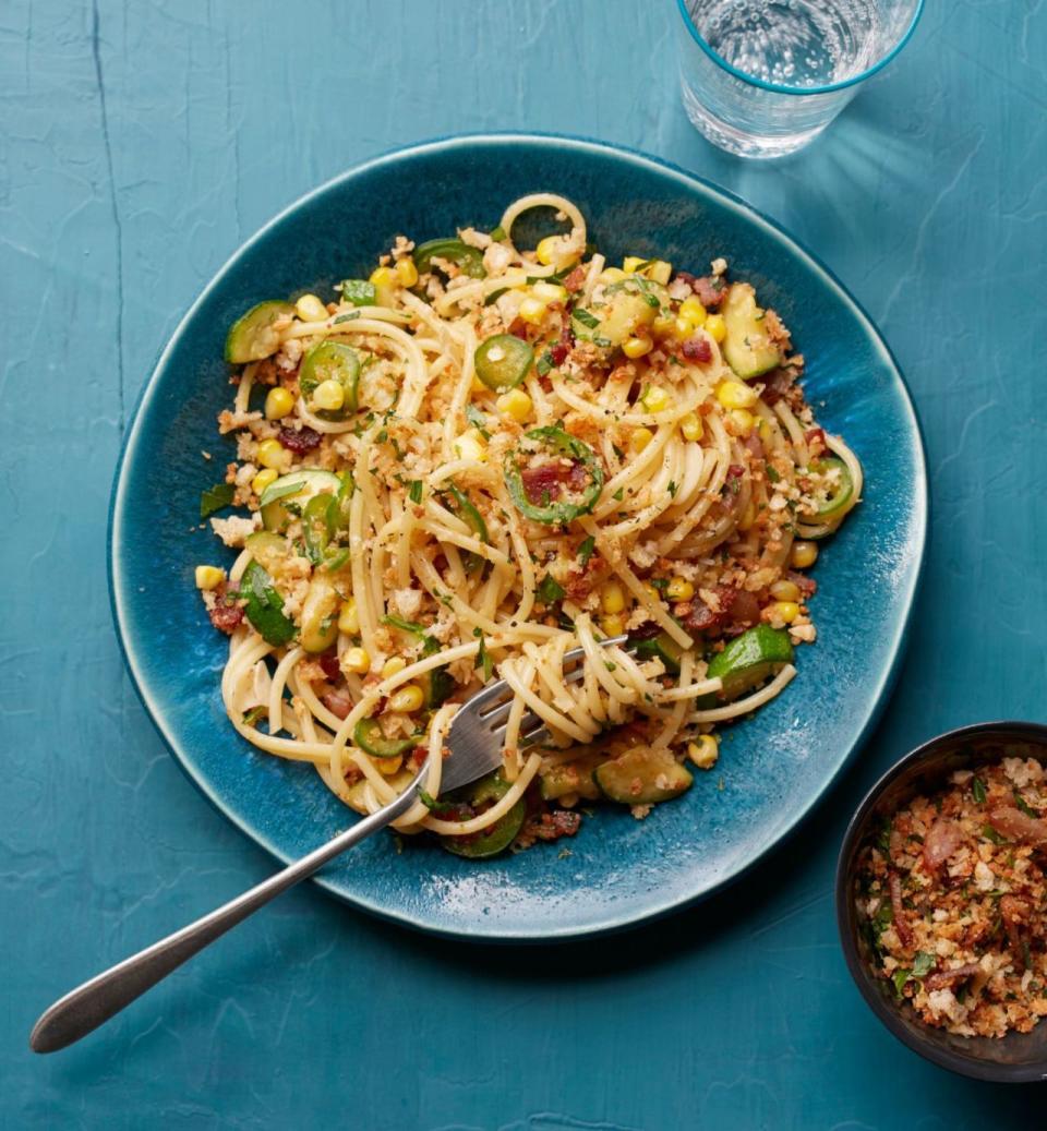 Corn, Zucchini and Jalapeno Spaghetti with Parmesan Crumbs