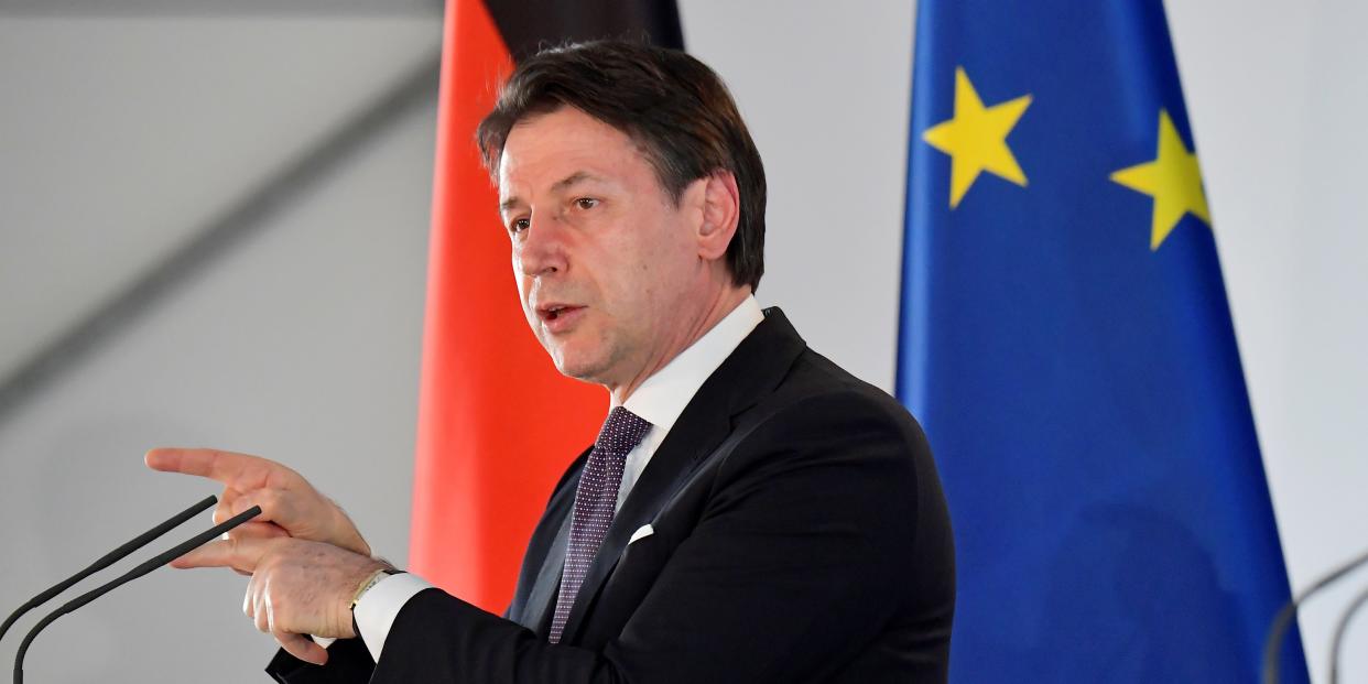 FILE PHOTO: Italian Prime Minister Giuseppe Conte speaks during a news conference with the German Chancellor Angela Merkel after their meeting at the German governmental guest house in Meseberg, outside Berlin, Germany July 13, 2020. Tobias Schwarz/Pool via REUTERS