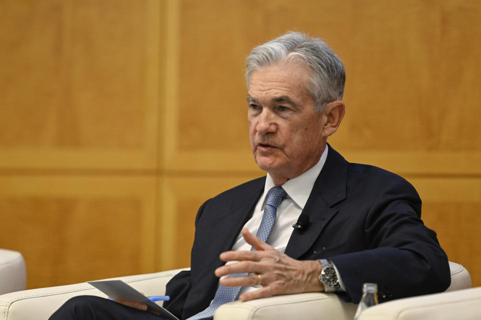 WASHINGTON DC, UNITED STATES - NOVEMBER 09: Jerome Powell, Chairman of the U.S. Federal Reserve, speaks during the 24th Jacques Polak Annual Research Conference at the International Monetary Fund (IMF) Headquarters in Washington DC, United States, on November 9, 2023 (Photo by Celal Gunes/Anadolu via Getty Images)