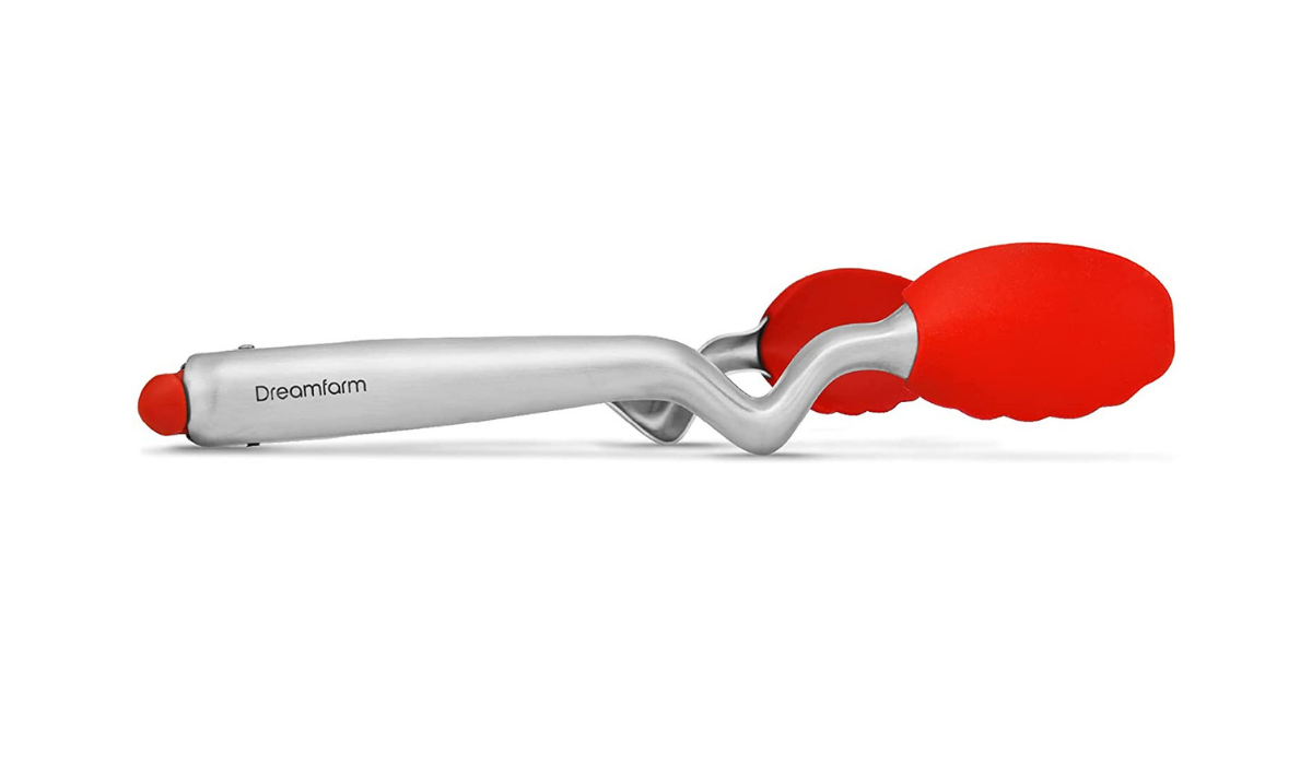 Tongs with red silicone tips and curve at the neck to keep those tips elevated. 