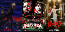 This combination of images fshows promotional art for the Hulu series "The Veil," left, the Hulu series "Welcome to Wrexham," center, and the comedy series "Hacks." (Hulu/Hulu/Max via AP)