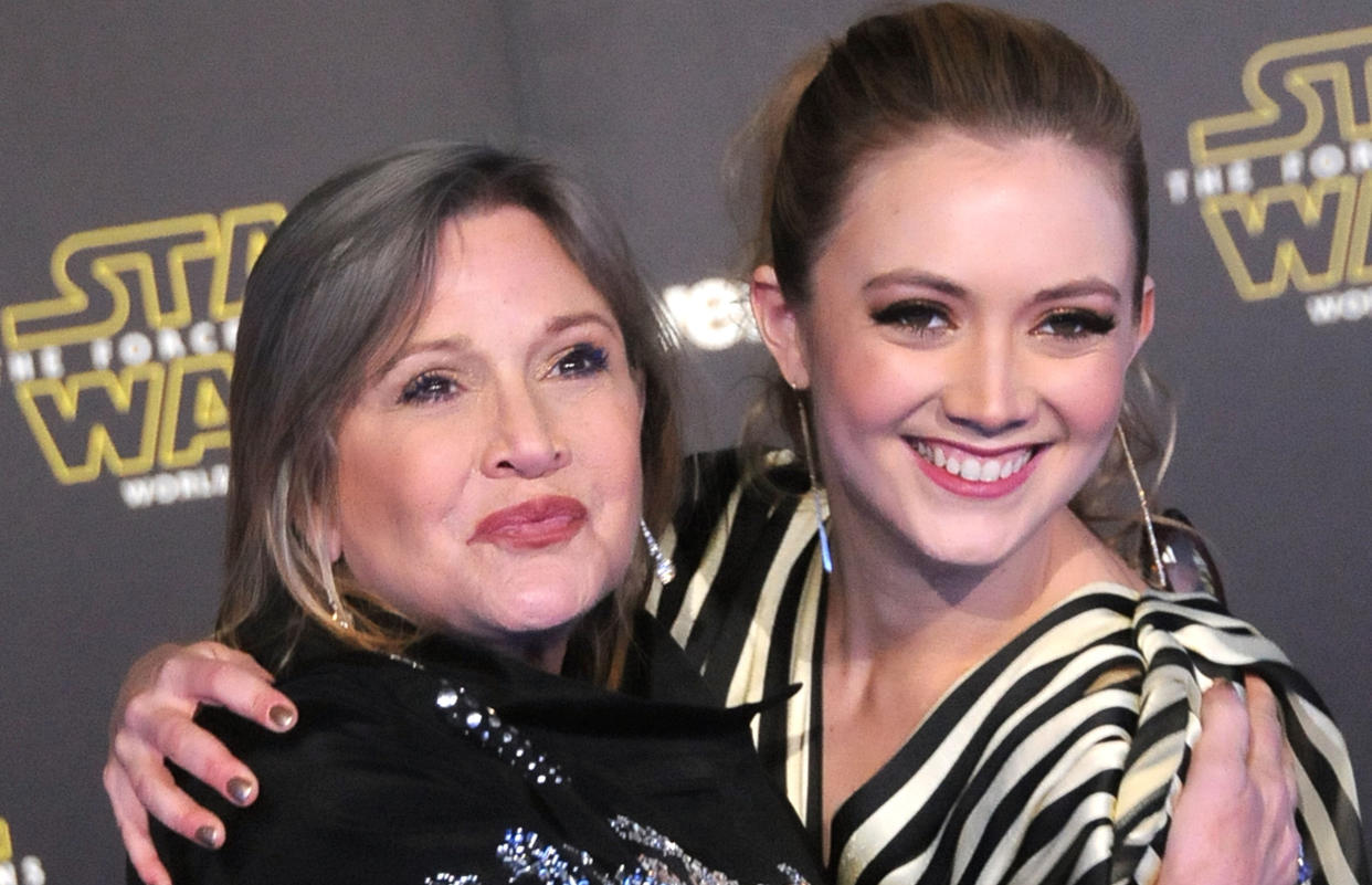 Carrie Fisher and daughter actress Billie Lourd attend the Premiere of Walt Disney Pictures and Lucasfilm's 'Star Wars: The Force Awakens' on December 14, 2015 in Hollywood, California.   (Barry King / WireImage)