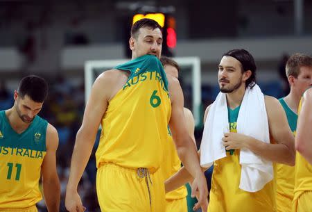 Aug 6, 2016; Rio de Janeiro, Brazil; Australia center Andrew Bogut (6) reacts during the second half against France in the men's basketball group A preliminary round during the during the Rio 2016 Summer Olympic Games at Carioca Arena 1. Mandatory Credit: Jeff Swinger-USA TODAY Sports