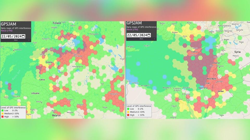 Composite image showing screen captures of two sections of the map from GPSJAM, the a website that aggregates daily reports of GPS interference, and colour codes geographic areas that are seeing a high rate of jamming.