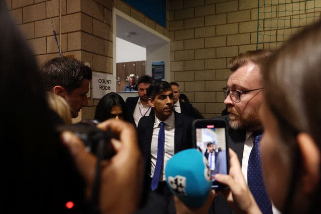 Prime Minister Rishi Sunak arrives at Northallerton Leisure Centre in Northallerton, North Yorkshire, during the count for the Richmond and Northallerton constituency