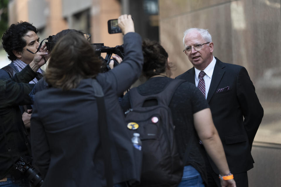 Attorney John Eastman, the architect of a legal strategy aimed at keeping former President Donald Trump in power, talks to reporters after a hearing in Los Angeles, Tuesday, June 20, 2023. Eastman faces 11 disciplinary charges in the State Bar Court of California stemming from his development of a dubious legal strategy aimed at having Vice President Mike Pence interfere with the certification of President Joe Biden's victory. (AP Photo/Jae C. Hong)