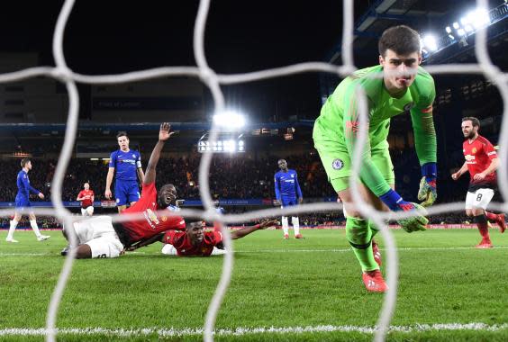 Paul Pogba puts United's second past Kepa (Getty Images)