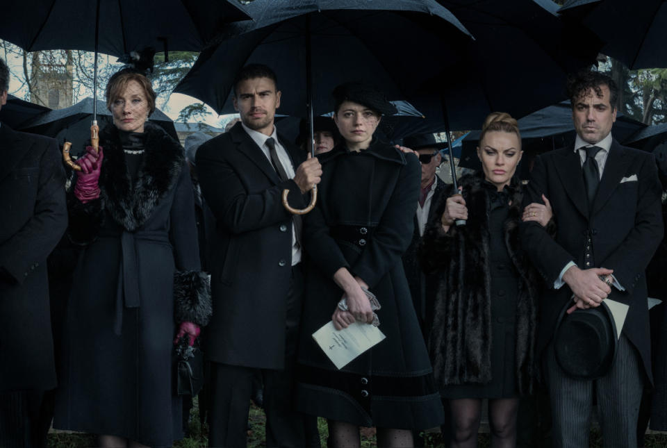 L-R Joely Richardson as Lady Sabrina, Theo James as Eddie Horniman, Jasmine Blackborow as Charly Horniman, Chanel Cresswell as Tammy Horniman & Daniel Ings as Freddy Horniman<p>Christopher Rafael/Netflix</p>