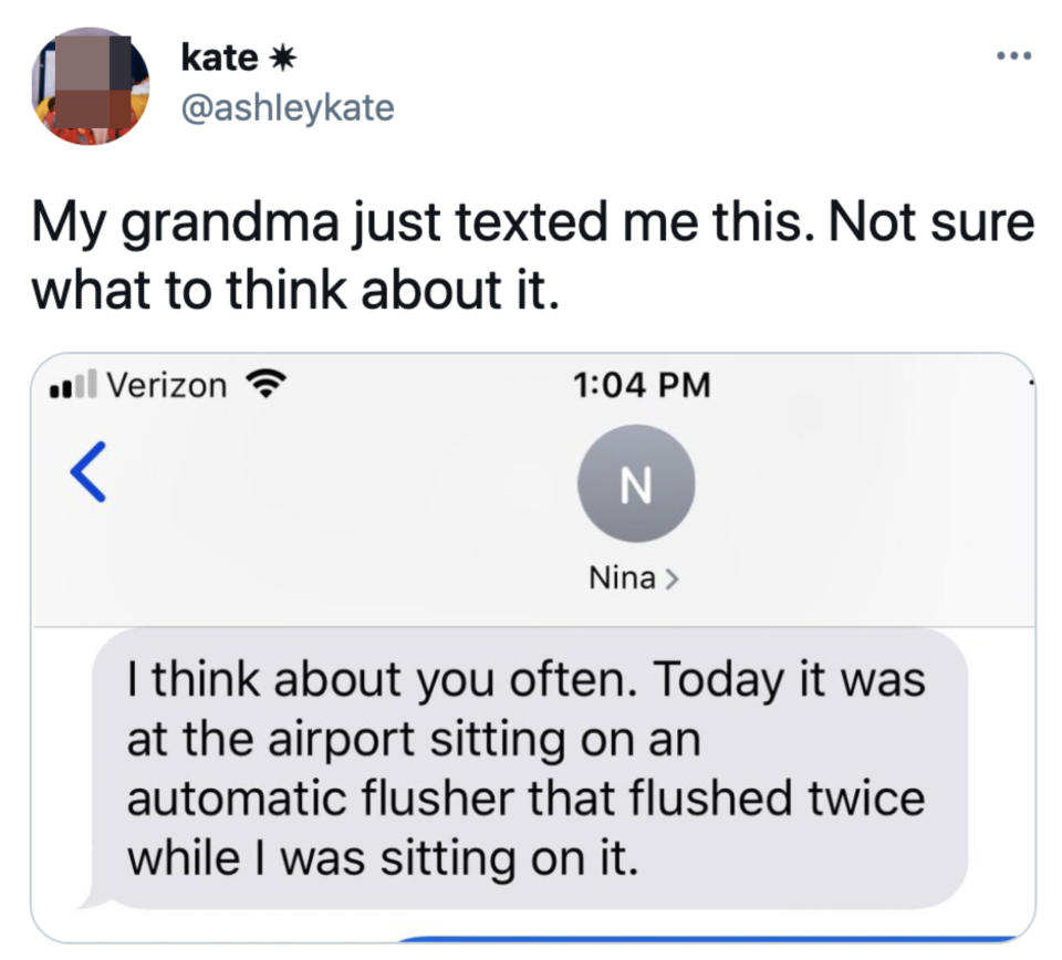 Text messages from an old person that's about remembering their granddaughter while on the toilet